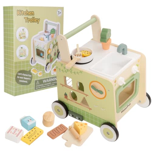 7-in-1 Wooden Baby Push Walker, Montessori Activity Center for Toddlers 1-3 | Pretend Play Kitchen Stroller with Speed Control & Shape Sorter, Early Learning Development Gift for Boys Girls