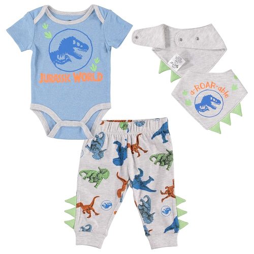 Jurassic World Welcome to the Universe Baby Baby Clothes 3-Piece Set with Baby Bodysuit, Pants, and Bib - Baby Outfits (3-6M), Blue/Grey/Green (AJWB114ST)