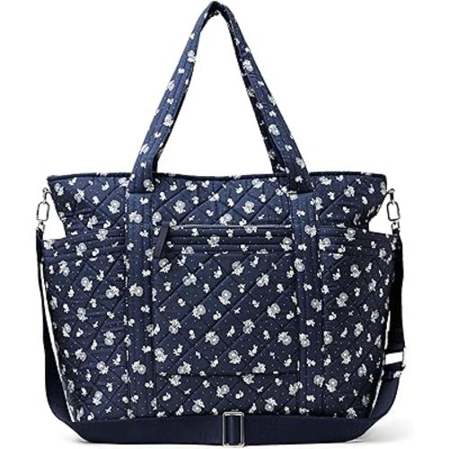 Amazon Essentials Women's Quilted Cotton Travel Tote Bag, Navy Floral, One Size