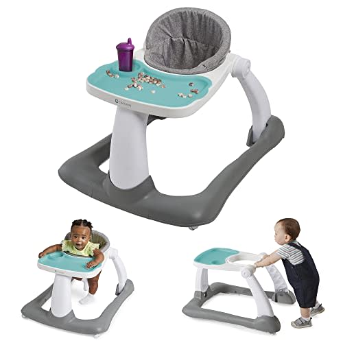 Contours Graze 2-in-1 Foldable Infant and Baby Push Walker, Seated or Walk-Behind Design, Removable and Washable Seat Pad and Snack Tray, Height Adjustable Seat Pad, Wide and Sturdy Frame - Gray/Teal