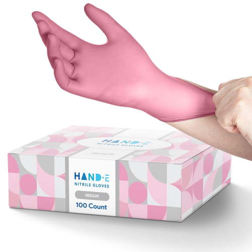 Hand-E Nitrile Gloves (M) 100 Count - Disposable, Pink, Powder and Latex Free Gloves