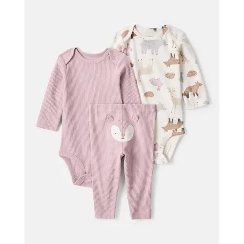 Baby Girl 3-Piece Woodland Creatures Long-Sleeve Bodysuits & Pant Set - Pink/White | Carter's