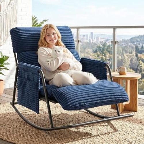 Oversized Corduroy Rocking Chair with Footrest, 3-Level Recliner Navy
