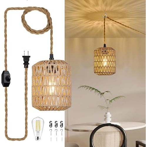 Plug in Pendant Light with 6W LED Bulb Warm Light(3000K) Dimmable Switch Cute Rattan Hanging Lamp Cord 15ft Hand Woven Plug in Chandelier Boho Hanging Lights Fixture for Bedroom Kitchen