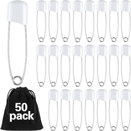 50 Pieces Diaper Pins Safety 2.2 Inch Plastic Head Cloth Diaper Nappy Pins with Locking Closures Stainless Steel with Velvet Bag(White)