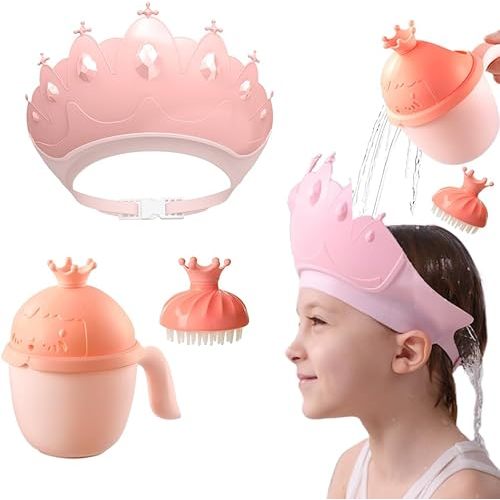 Baby Shower Cap Shield, Baby bath set shower cap/water cup/massage brush,Visor Hat for Eye and Ear Protection for 0-9 Years Old Children,Cute Crown Shape Makes the Baby Bath More Fun (Pink)