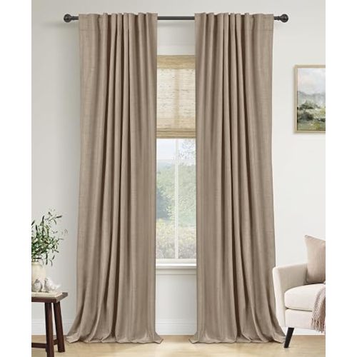 Faux Linen Total Blackout Curtains for Bedroom 84 Inch Long Copper Brown