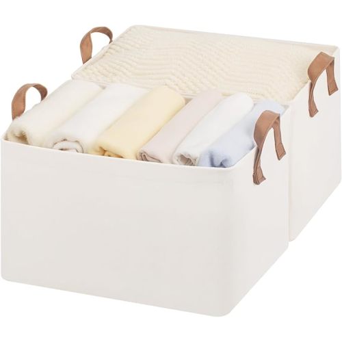 StorageWorks Storage Bins, Fabric Storage Bins for Shelves, Large Storage Baskets with Metal Frame, Closet Baskets and Bins with Handles, Khaki and Beige Stripes, 2-Pack