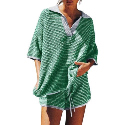 Tankaneo Womens Sweater Set 2 Piece Outfits Oversized 3/4 Sleeve V Neck Knit Tops High Waisted Shorts Lounge Sets