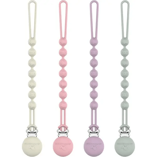 Cuddle Campus Silicone Pacifier Clip Holder with One Piece Design, Pack of 4 Soft Flexible Binky Clips with Texture for Baby Boy and Girl (Set 2, 4 Pack 0-6m Round)