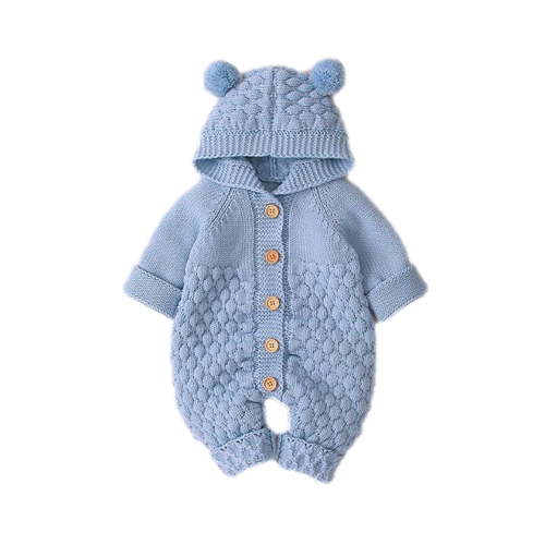 Dealovy Fall Winter Infant Baby Clothes Unisex Knitted Button up Onesie Kids Cotton Rolled-Up Hooded Rompers with Cute Ears