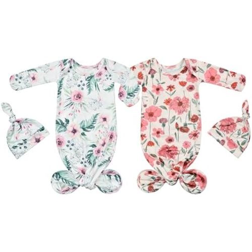 Newborn Cotton Knotted Gown Sleeper Gown with Beanie Set Baby Girl Nightgowns Coming Home Outfits 2 Packs