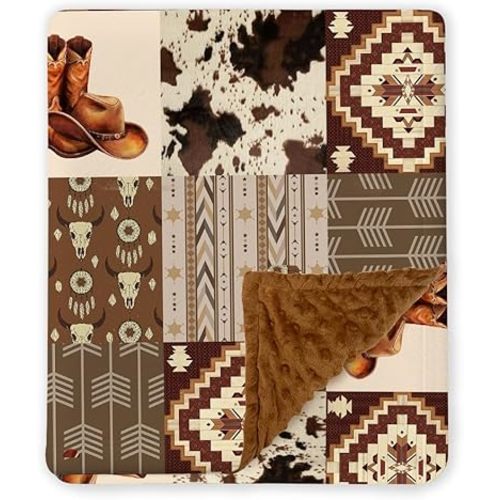 Western Baby Blanket, Cowboy Minky Blankets for Boys Girls, Nursery Room Decor, Soft Warm Lightweight Nursery Bed Blanket for Newborn Toddlers Son Daughter (09)