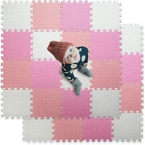 16 Tiles Foam Play Mat for Baby, Soft & Safe EVA Foam Mats for Floor, Square Baby Play Mat, Solid Colored Kids Foam Puzzle Floor Mat, 47x47 Play Mat for Playpen(White/Pink/Loli Pink)