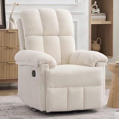 Korser Recliner Chair, Swivel Rocker Recliner Chair for Adults, Small Recliners for Small Spaces, Manual Recliner with Side Pockets, Upholstered Nursery Rocking Chair for Living Room, Sherpa, Beige