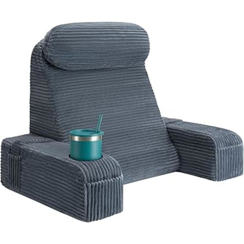 Reading Pillow for Adults, Back Pillow for Bed Sitting Up, Backrest Pillow for Sitting in Bed, Detachable Arms with Built-in Cup & Phone Caddy (Dark Gray-Corduroy, 19 INCH)