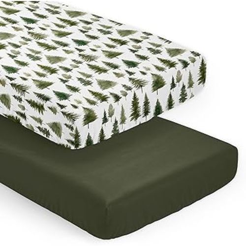 Sweet Jojo Designs 2-Piece Baby Crib Sheets Set (Green Woodland Tree) for Boys or Girls, Infant Nursery, Toddler Room - Standard Size (Neutral, Solid, Forest Pine Trees, Wilderness, Christmas Fir)