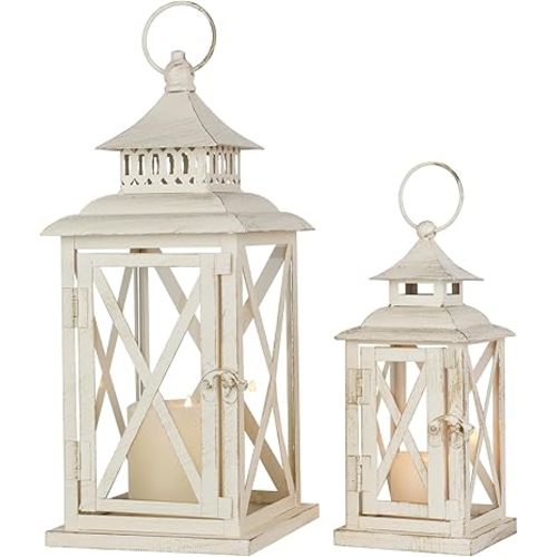 Lanterns Decorative Outdoor&Indoor, Set of 2 (14"&10") Beige Metal Lantern Decor with Glass, Candle Holder for Porch, Patio, Garden, Balcony, Wedding, Table Centerpiece