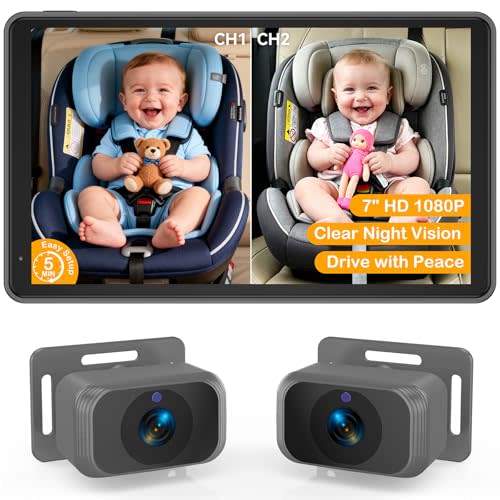 Baby Car Camera for 2 Kids - 7-Inch Split-Screen Monitor, Dual HD 1080P Cameras, Night Vision, 360° Rotatable, Easy Install Backseat Camera for Safety & Convenience - Perfect for Twins or Siblings