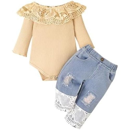 Baby Girl Clothes Toddler Outfit Infant White Lace Romper Long Sleeve + Jeans Pants Clothing Set