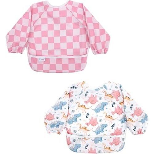 ALVABABY Baby Bibs Mess Proof Baby Bib Full Sleeve 2 Pack Waterproof Bib for Toddlers Tug Proof Closure Waterproof Washable Adjustable Girls Feeding Bib 2WDJ38-CA