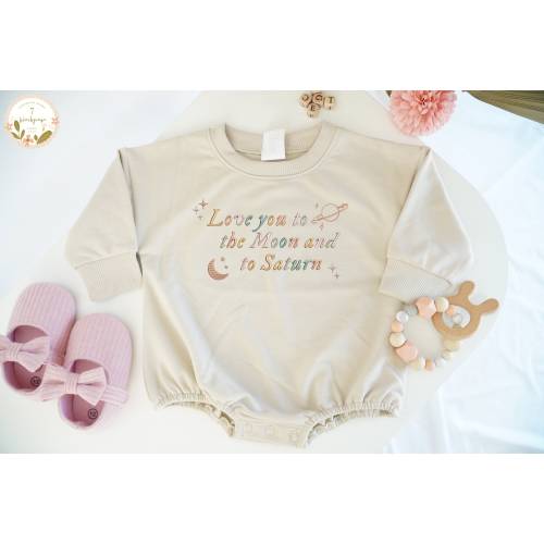 Embroidered Love You to the Moon And To Saturn Baby Romper, Retro Moon & Saturn Toddler Crewneck, Trendy Baby Romper For Kids, Gift For Kids
