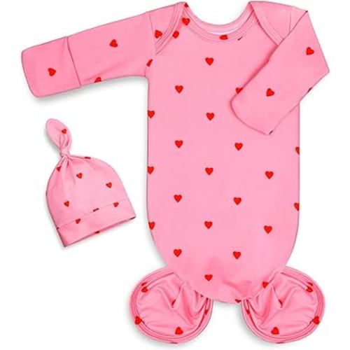 Newborn Baby Girl Gown 0-6 Months, Super Soft Newborn Sleepers Gown, Long Sleeve Infant Nightgown for Girls, Baby Girl Outfit Essential with Folding Gloves Hat Set Pink Love