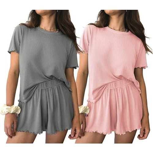 Ekouaer 2 Packs Womens Pajama Set Short Sleeve Sleepwear Soft Top and Shorts Pjs Casual Outfits Lounge Set with Pockets
