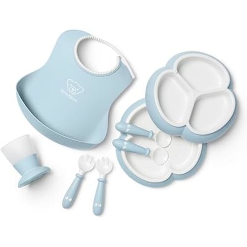 BabyBjorn Dinnerware Set, 8 pcs, Powder Blue, Includes Plate,Dishwasher Safe, Toddler Feeding Set for self-Feeding or weaning