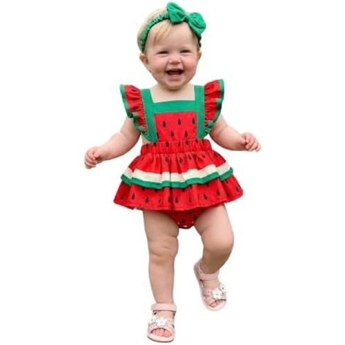 Baby Girl Watermelon Outfit Bubble Romper Dress Ruffle Sleeve Bodysuit Newborn Summer Clothes Infant Beach Outfits