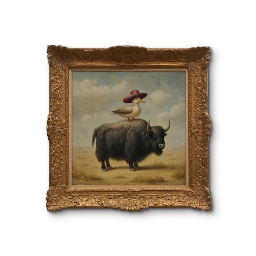 Cowboy Duck Riding Bison – Whimsical Vintage-style Animal Wall Art Print- Top Hat Nursery Decor - Sold UNFRAMED #519