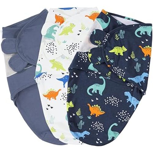 PHF 100% Cotton Baby Swaddle Sleep Sacks for Newborn, 3 Pack Soft Breathable Baby Swaddle Sack 0-3 Months for Boys Girls, Easy Adjustable, Blanket Wrap, Newborn Essentials (Dinosaur)