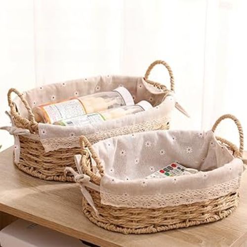 GIB Small Wicker Storage Baskets for Organizing, Decorative Woven Baskets with Handles & Liners, Boho Paper Rope Serving Baskets Trays for Shelves & Gifts, Set of 2