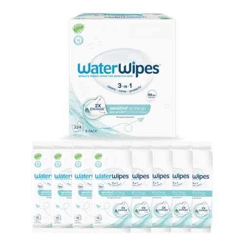 WaterWipes Sensitive+ On The Go Wipes, 3-In-1 Cleans, Cares, Protects, 99.9% Water, Unscented & Hypoallergenic Wet Wipes, 224 Count (8 Packs)