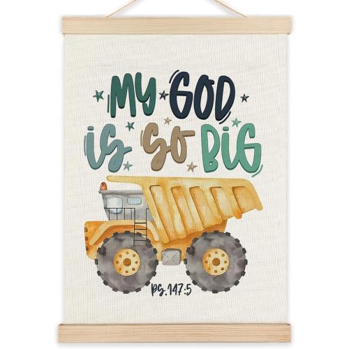 LZYRF Construction Christian Wall Art Poster Framed, Christian Room Decor, My God Is So Big Bible Verse Religious Canvas Prints Wall Decor for Toddler Kids Boys Bedroom Nursery, 12x16 Inch