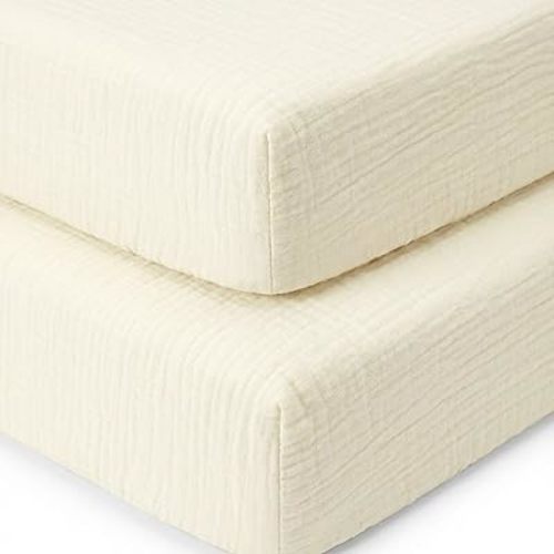 2 Pack Ivory Muslin Crib Sheets for Boys & Girl- Neutral Breathable Cotton Crib Mattress Sheets Fitted for Standard 28"x 52"- Nursery Décor No Slip Crib Bed Sheets