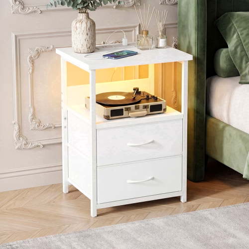 Tomnk, End Table with Charging Station, 2 Drawers, USB Ports