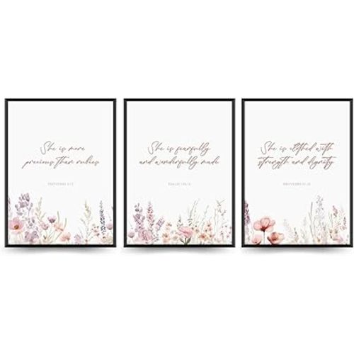 PLKMN Pink Christian Wall Art, Wildflower Nursery Wall Art Prints 12x16, Girl Nursery Wall Art Print, Bible Verse Floral Wall Art for Bedroom Playroom Baby Girl Gift, Set of 3 Unframed