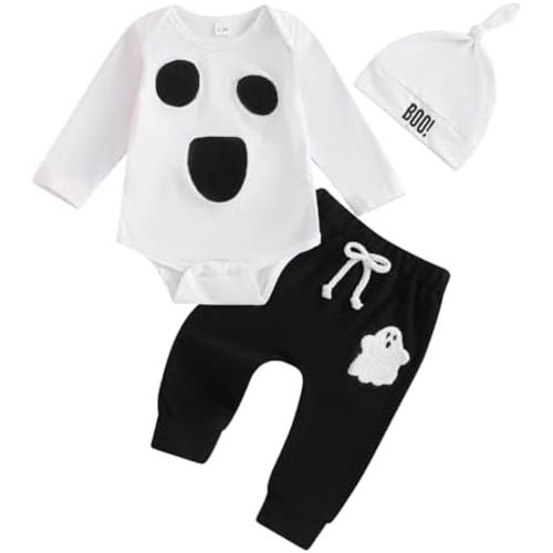 Newborn Baby Boy Halloween Outfit Ghost Grimace Print Romper Onesie with Ghost Pants Infant Halloween Clothes