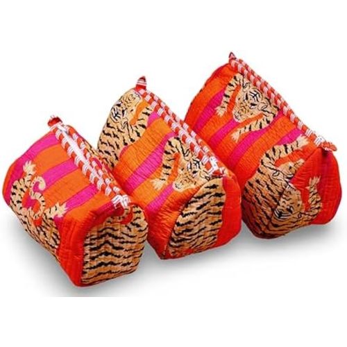 LKGSM RUGS 3pcs Quilted Cotton Tiger Print Travel Toiletry Bags, Cosmetic Organizer Set Make up Bag (G)