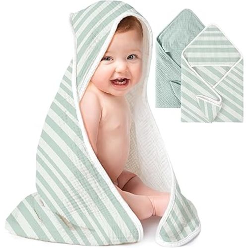 Konssy 2-Pack Muslin Hooded Baby Towels, 100% Cotton, Ultra-Soft & Absorbent Baby Bath Towels with Hood for Newborn & Infant (Green, Stripe, 32" x 32")