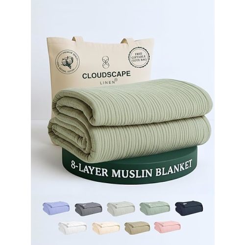 CLOUDSCAPE 8 Layer Muslin Blanket Twin Size for Adults - 100% Cotton Gauze Summer Blanket, 68"x92" Fits Upto TwinXL Size Bed, Light Weight Breathable Soft, All Season Spring- Olive Green