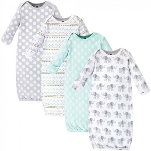Hudson Baby Infant Cotton Long-Sleeve Gowns 4pk, Gray Elephant, 0-6 Months