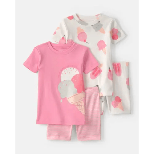 Baby Girl Ice Cream 100% Cotton Short-Sleeve Snug Fit 4-Piece Pajama Set - Pink/Ivory | Carter's