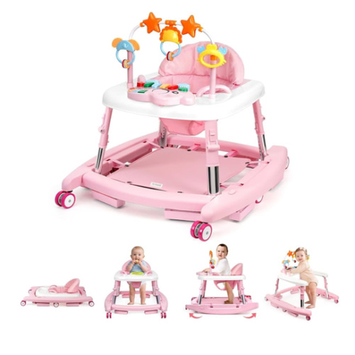 5-in-1 Music and Lights Baby Walker Foldable with 5 Adjustable Heights, Baby Walker with Wheels and Bouncer Combo Portable, Infant Toddler Walker for Baby Boy Girls 6-18 Months