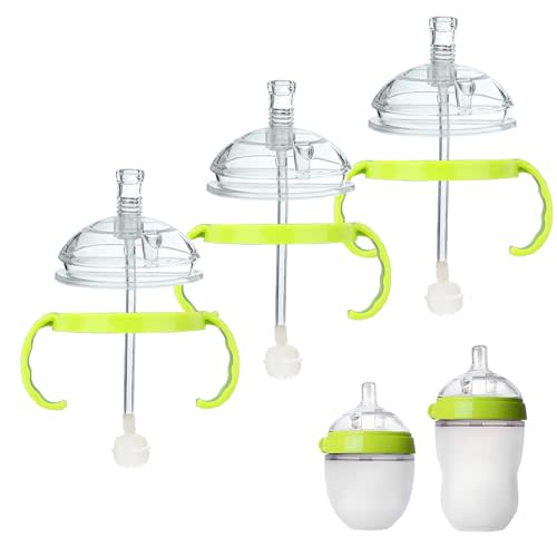 Straw Transition Cup Conversion Kit for Comotomo Baby Bottles, Soft Straw Top and Weighted Sippy Cup Kit with Handles, Set of 3