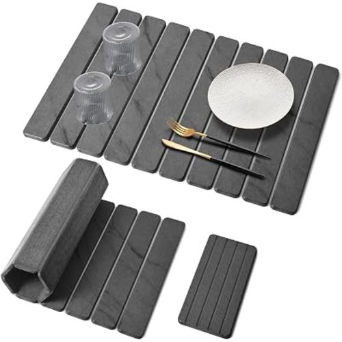 Large Stone Dish Drying Mat for Kitchen Counter, Quick Dry Dish Drying Mats, Foldable Absorbent Diatomaceous Earth Mats for Plate Rack Bottles Cups, Match Any Countertop (Gray Marble 24"×16" & 8"x4")