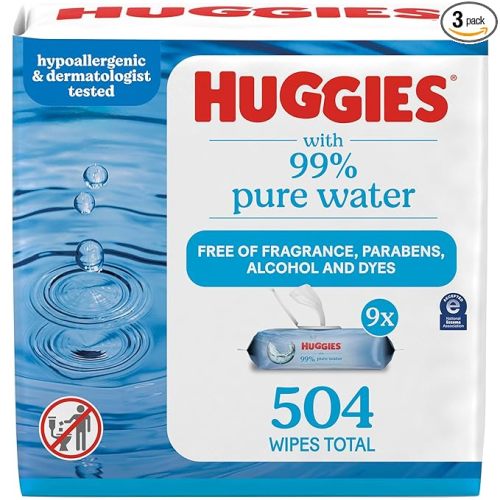 Huggies 99% Pure Water Baby Wipes, Unscented, 9 flip-top packs (3 Packs of 3), 504 Wipes Total, Packaging May Vary