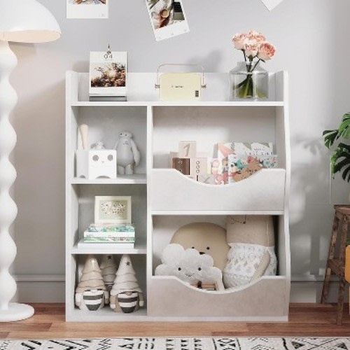 Acekool Kids Bookshelf and Toy Storage Organizer, 3-Tier Bookcase with 5 Cubes, Double-Sided Display & Top Shelf for Playroom, Bedroom, White