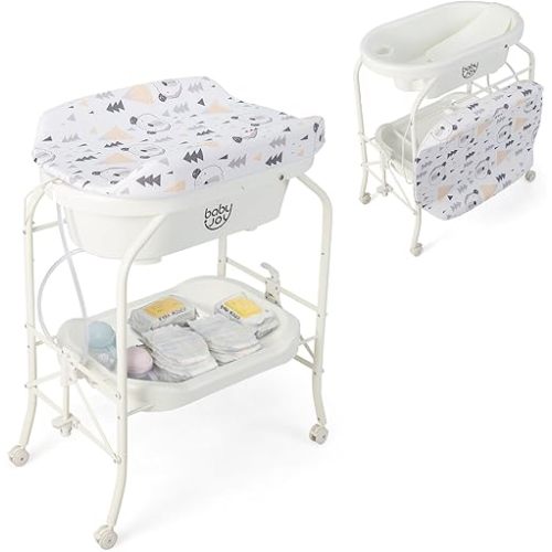BABY JOY Baby Bathtub with Changing Table, Foldable Infant Diaper Changing Station with Storage Tray, Waterproof Pad, Portable Newborn Nursery Organizer Bath Stand with 4 Universal Wheels (White)
